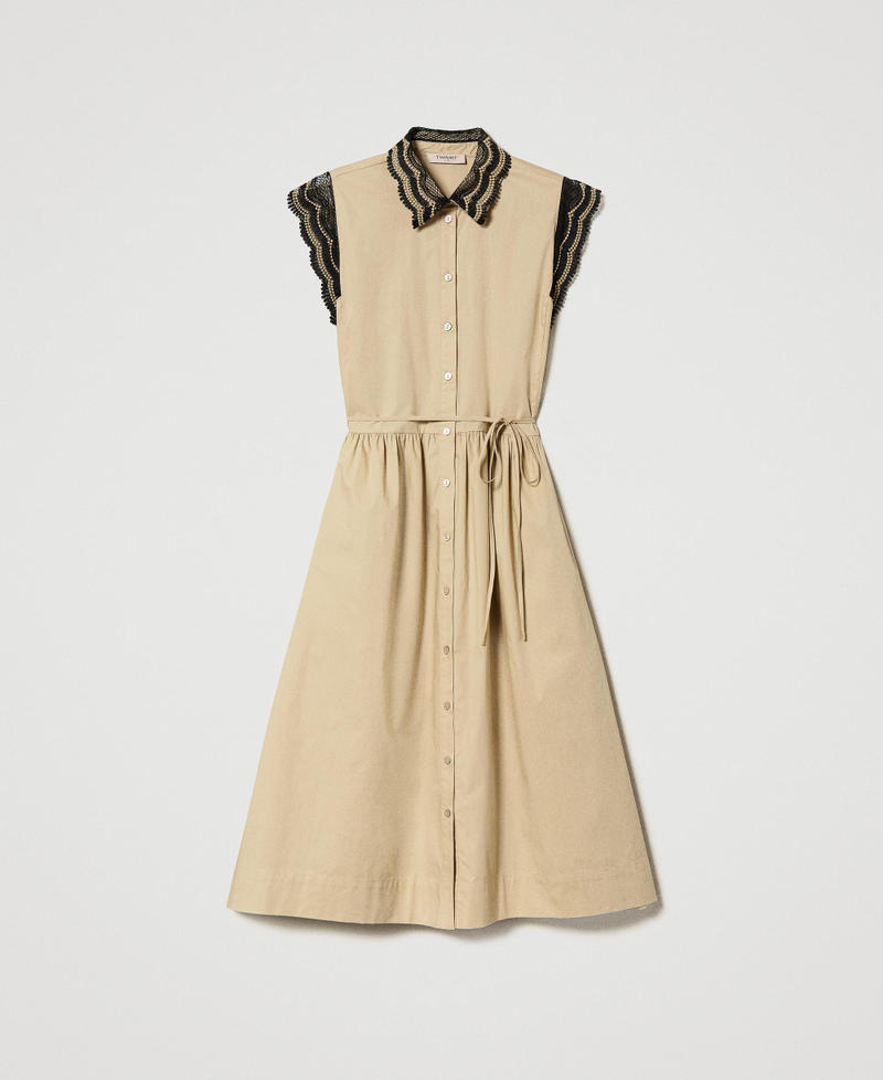 Robe chemisier longue en popeline avec dentelle bicolore