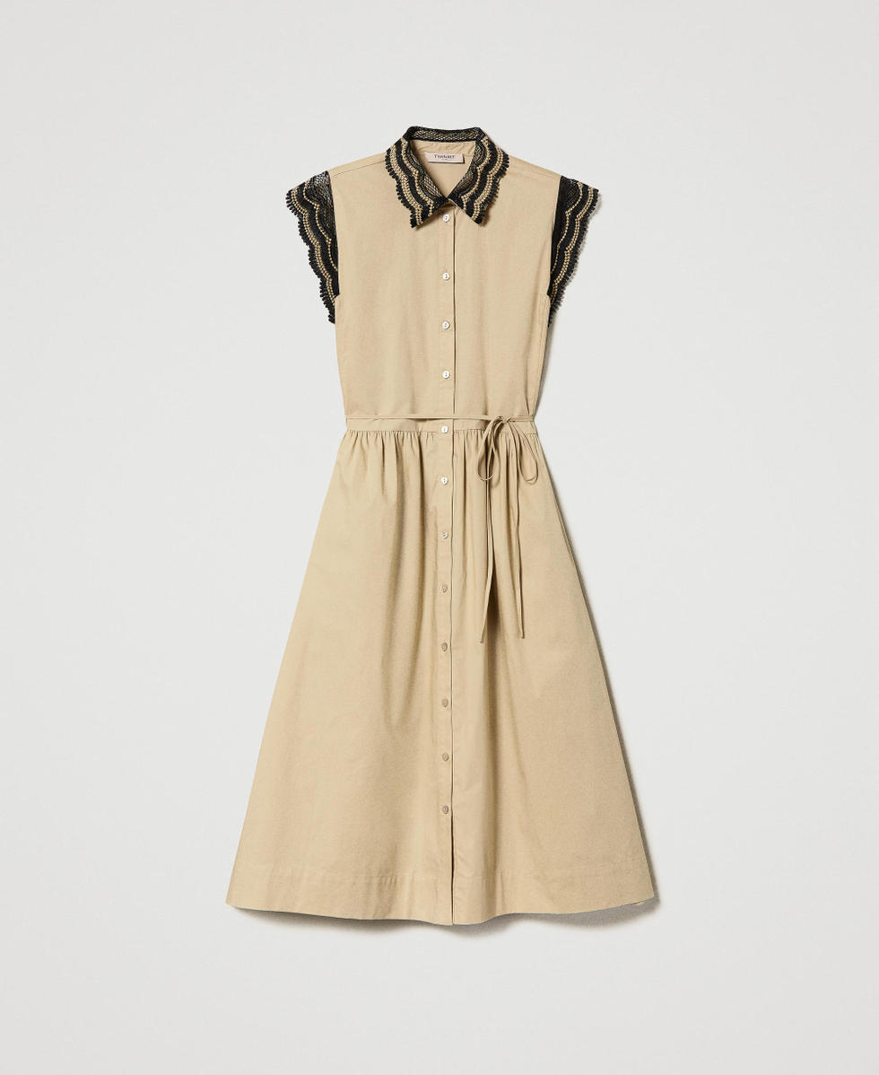 Long poplin shirt dress with two-tone lace