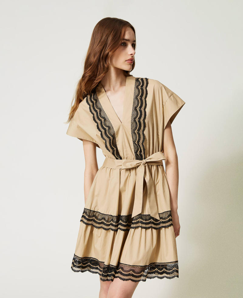 Short poplin dress with two-tone lace Beige / Black Embroidery Woman 231TT2123-01