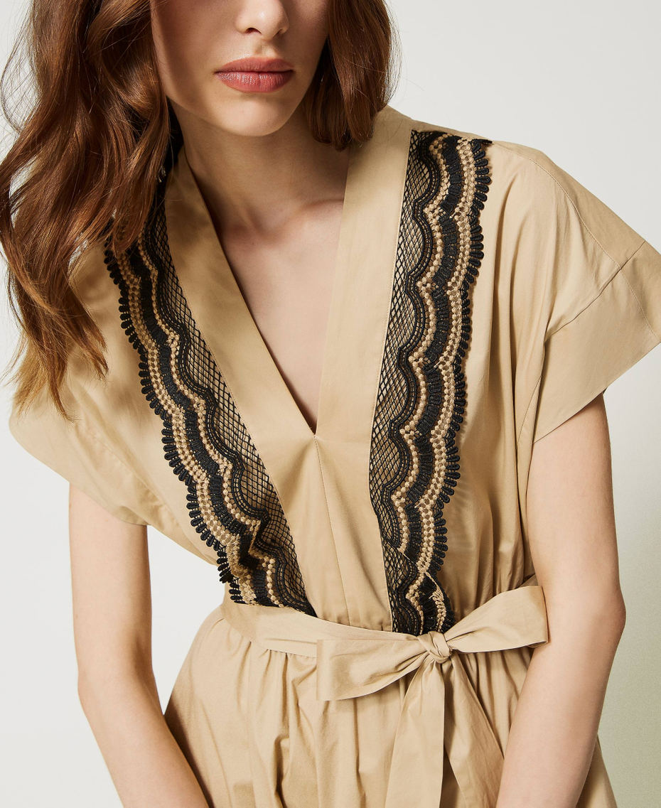 Short poplin dress with two-tone lace Beige / Black Embroidery Woman 231TT2123-05