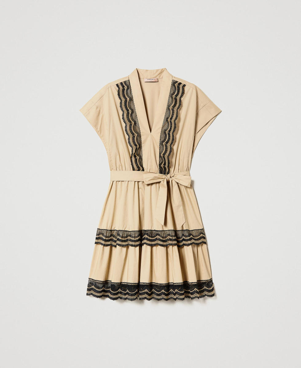 Vestido corto de popelina con encaje bicolor