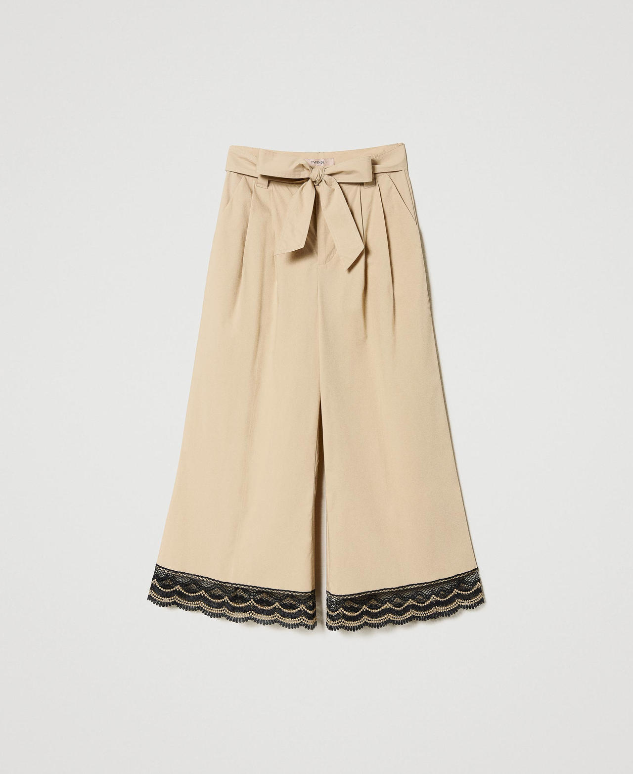 Cropped poplin trousers with two-tone lace