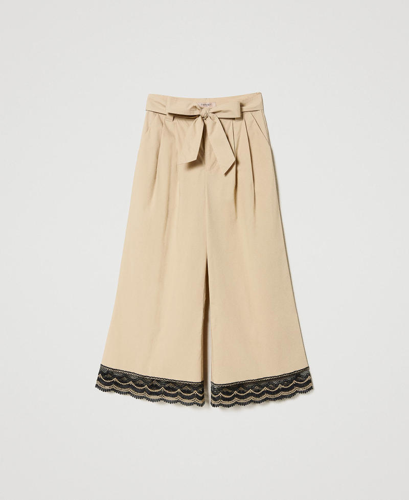 Pantalones cropped de popelina con encaje bicolor Bordado Beige / Negro Mujer 231TT2128-0S