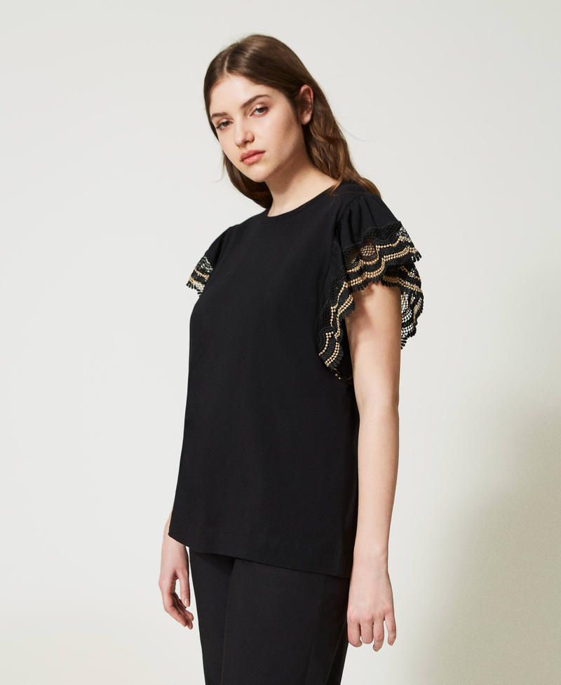 T-shirt with two-tone macramé lace borders Black / Beige Embroidery Woman 231TT2130-02