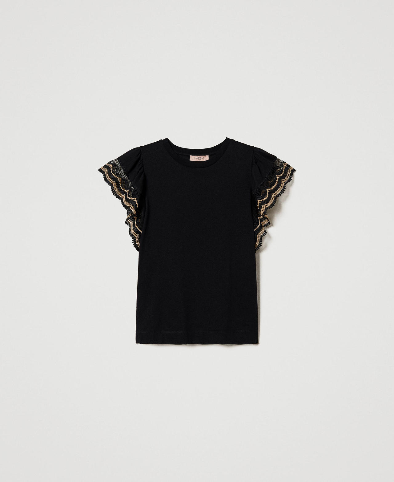 T-shirt avec bords en dentelle macramé bicolore Broderie Noir/Beige Femme 231TT2130-0S