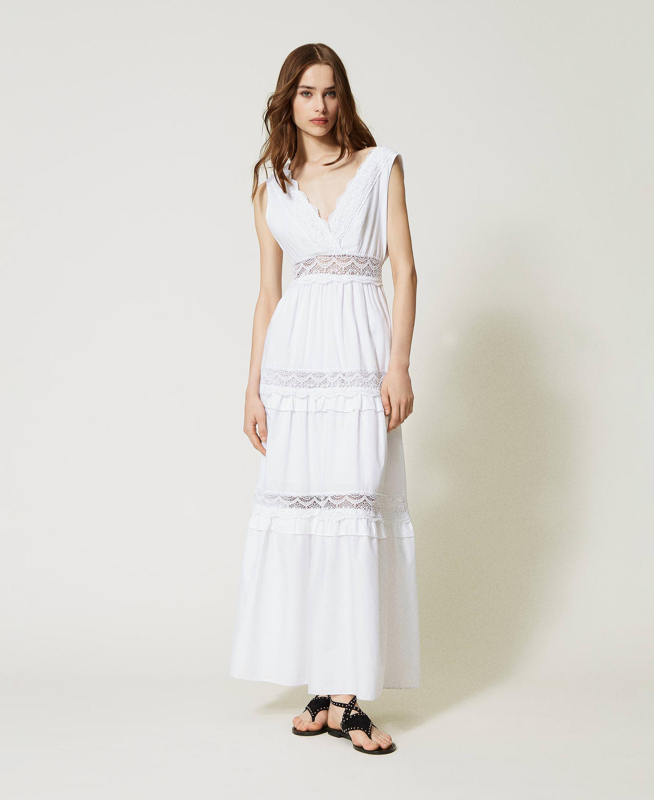 Long poplin dress with lace Woman, White | TWINSET Milano