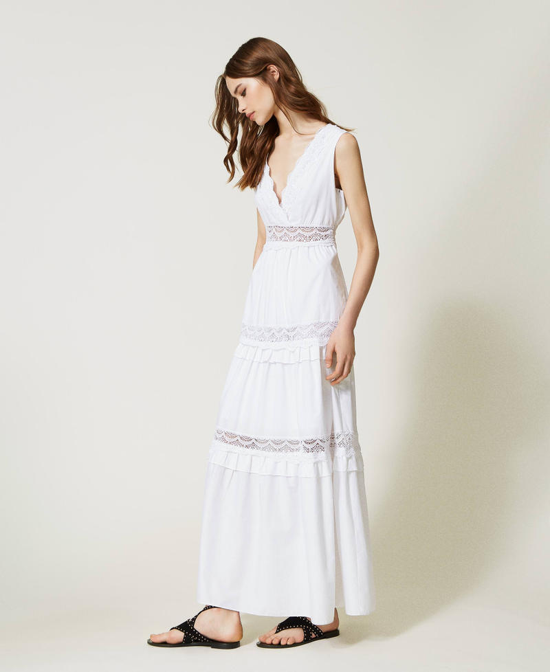 Long poplin dress with lace White Woman 231TT2150-02