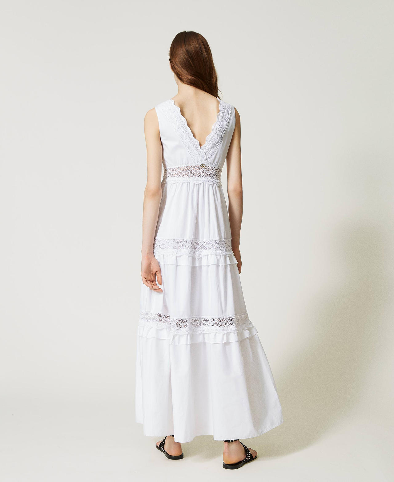 Long poplin dress with lace Woman, White | TWINSET Milano
