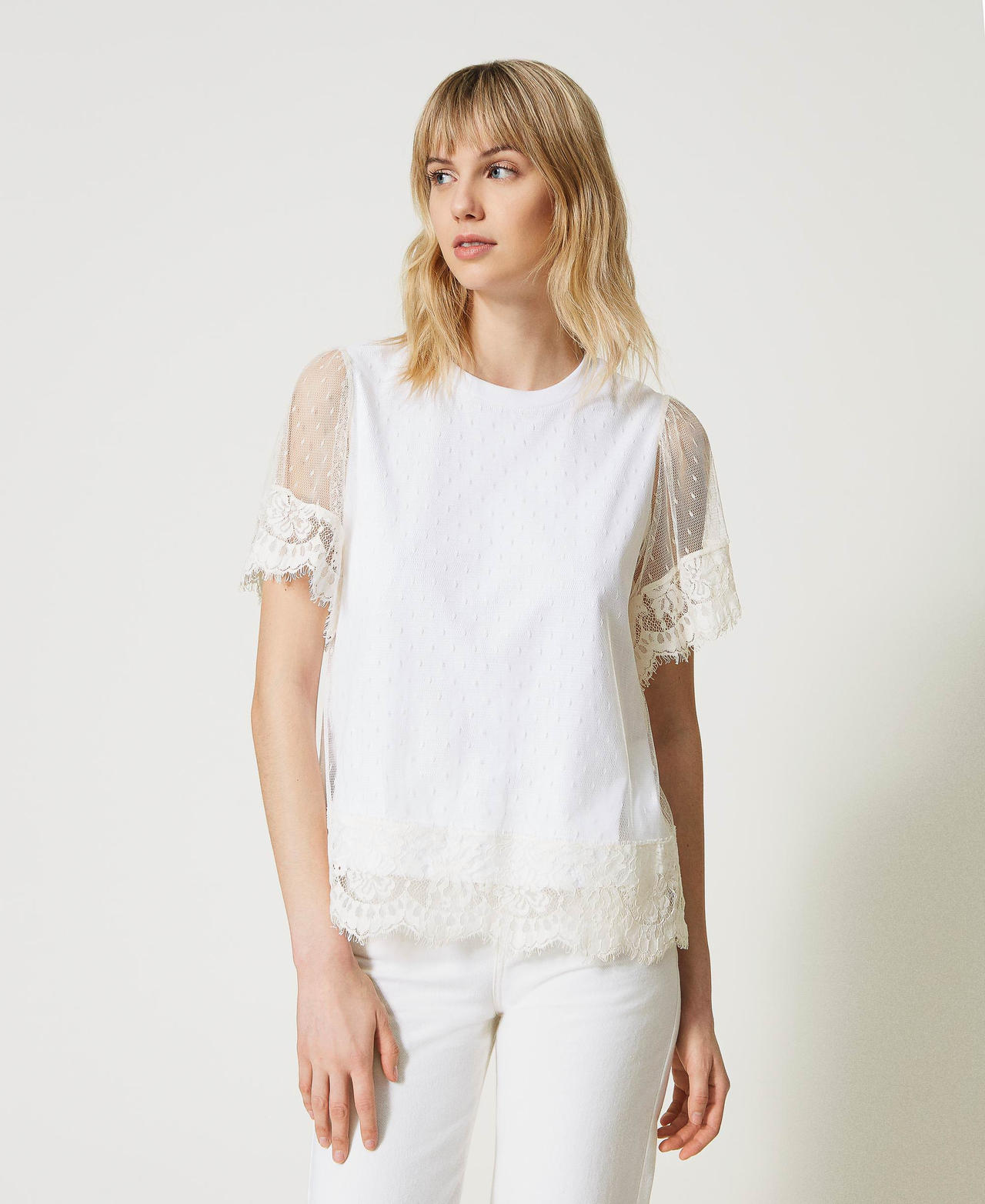 Plumetis tulle and lace top White Snow Woman 231TT2162-02