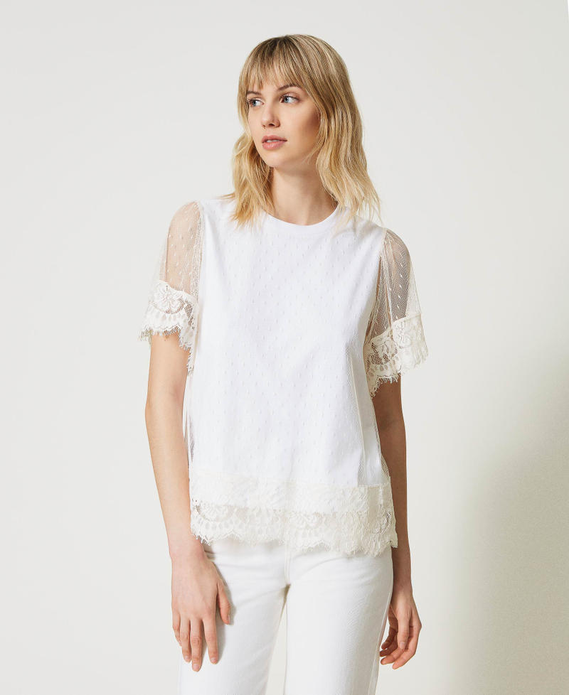 Top in tulle plumetis e pizzo Donna, Bianco TWINSET Milano — free download