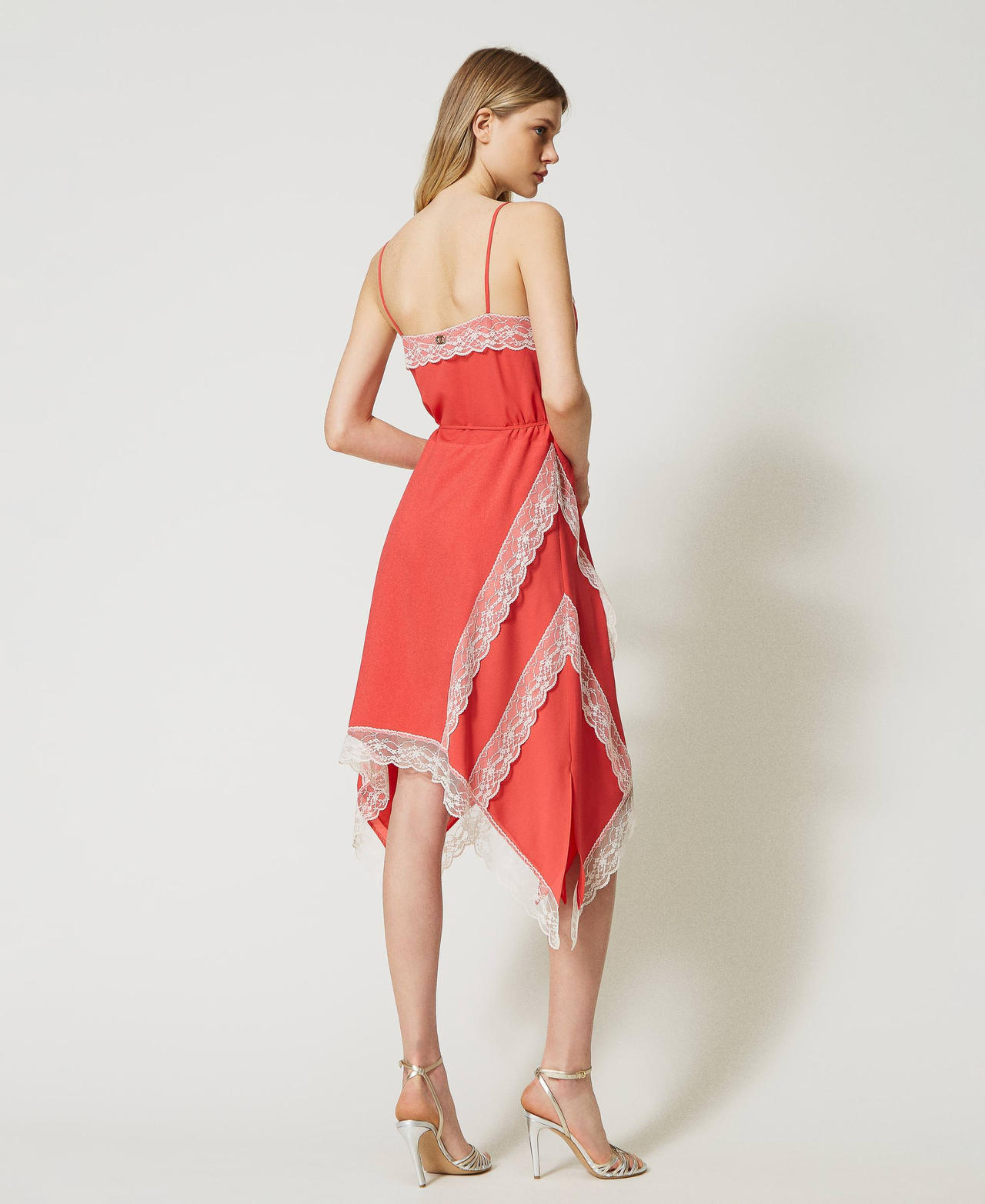 Cr pe de Chine and lace midi dress Woman Red TWINSET Milano