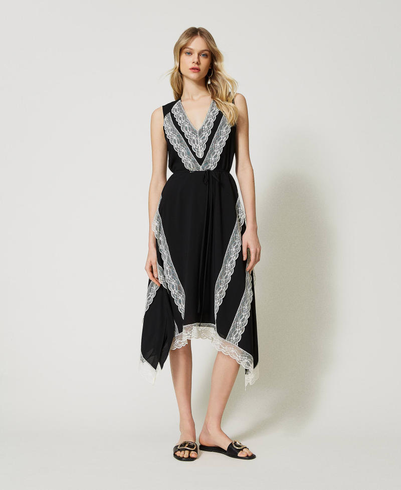 Midi georgette and lace dress Bicolour Black / "Snow" White Woman 231TT2192-01