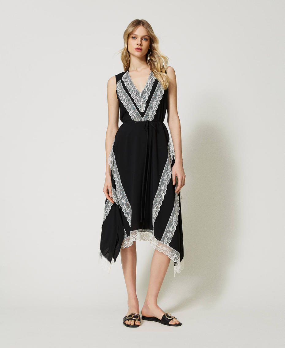 Платье миди из жоржета и кружева Двухцветный Черный / Белый "Снег" женщина 231TT2192-01
