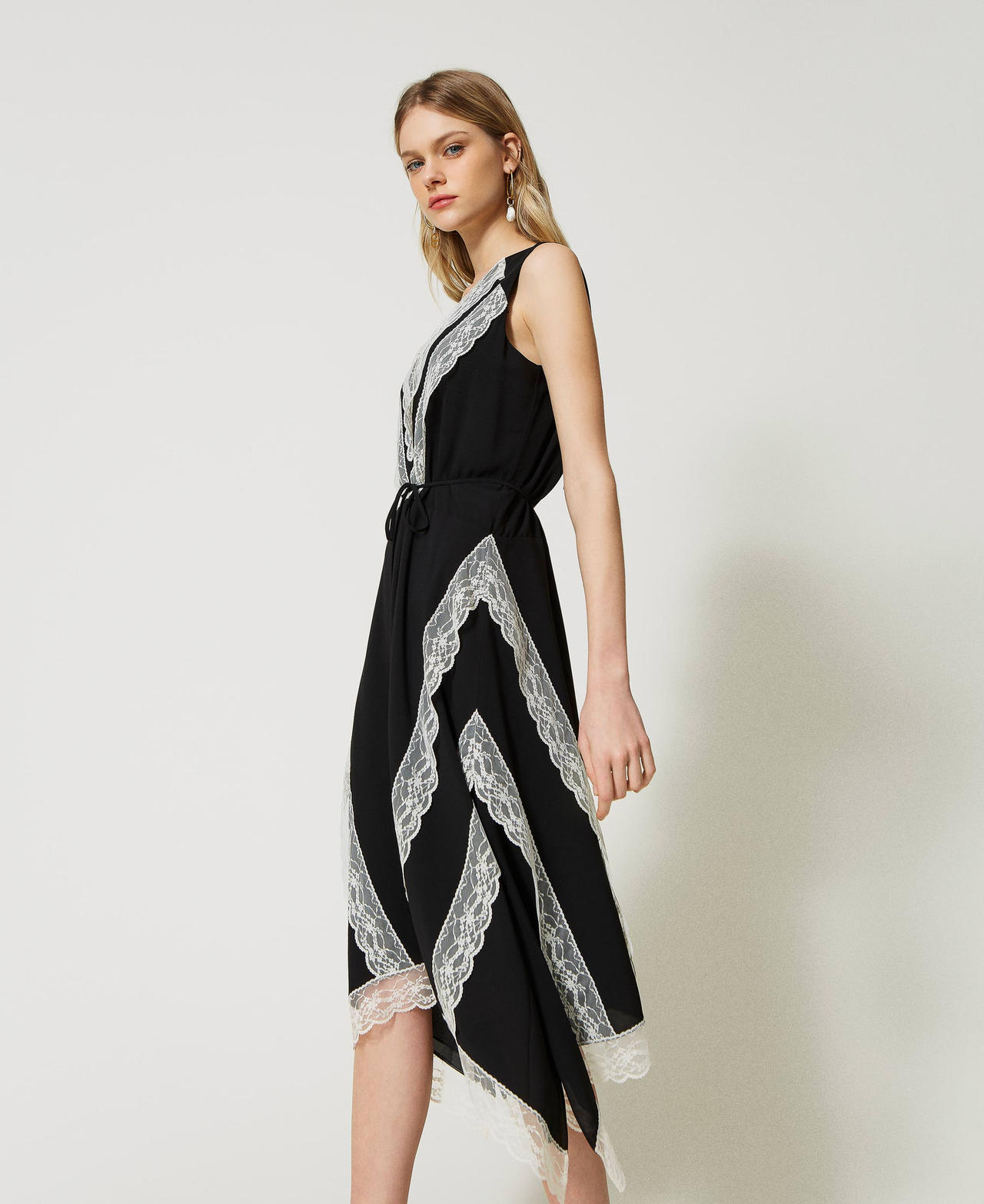 Midi georgette and lace dress Woman Black TWINSET Milano