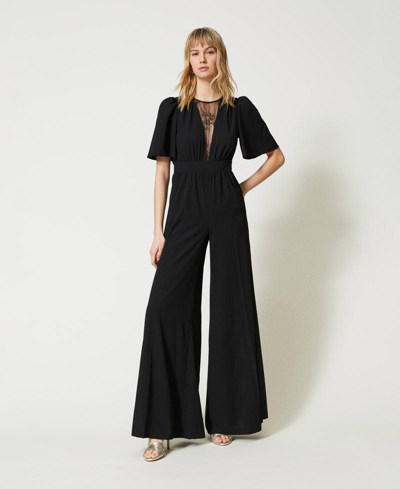 Crêpe de Chine and lace jumpsuit Two-tone “Lip gloss” Red / “Snow” White Woman 231TT2193-01