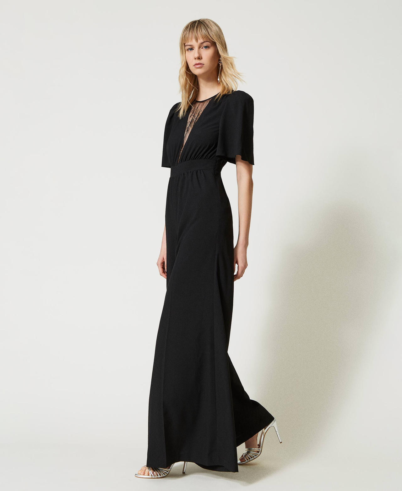 Combinaison en cr&ecirc;pe de Chine et dentelle Bicolore Noir / Blanc Neige Femme 231TT2193_03710_02