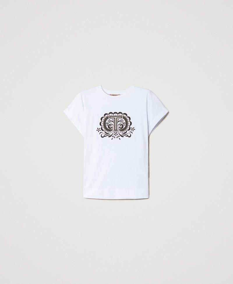 T-Shirt mit zweifarbig aufgesticktem „Oval T“ Weiß Frau 231TT2252-0S