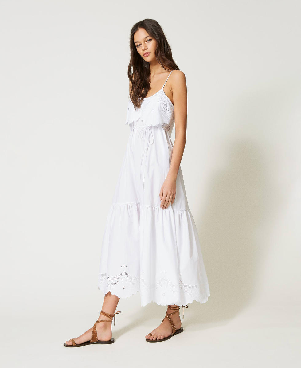 concepto Prever Ennegrecer Vestido largo de popelina con bordado inglés Mujer, Blanco | TWINSET Milano