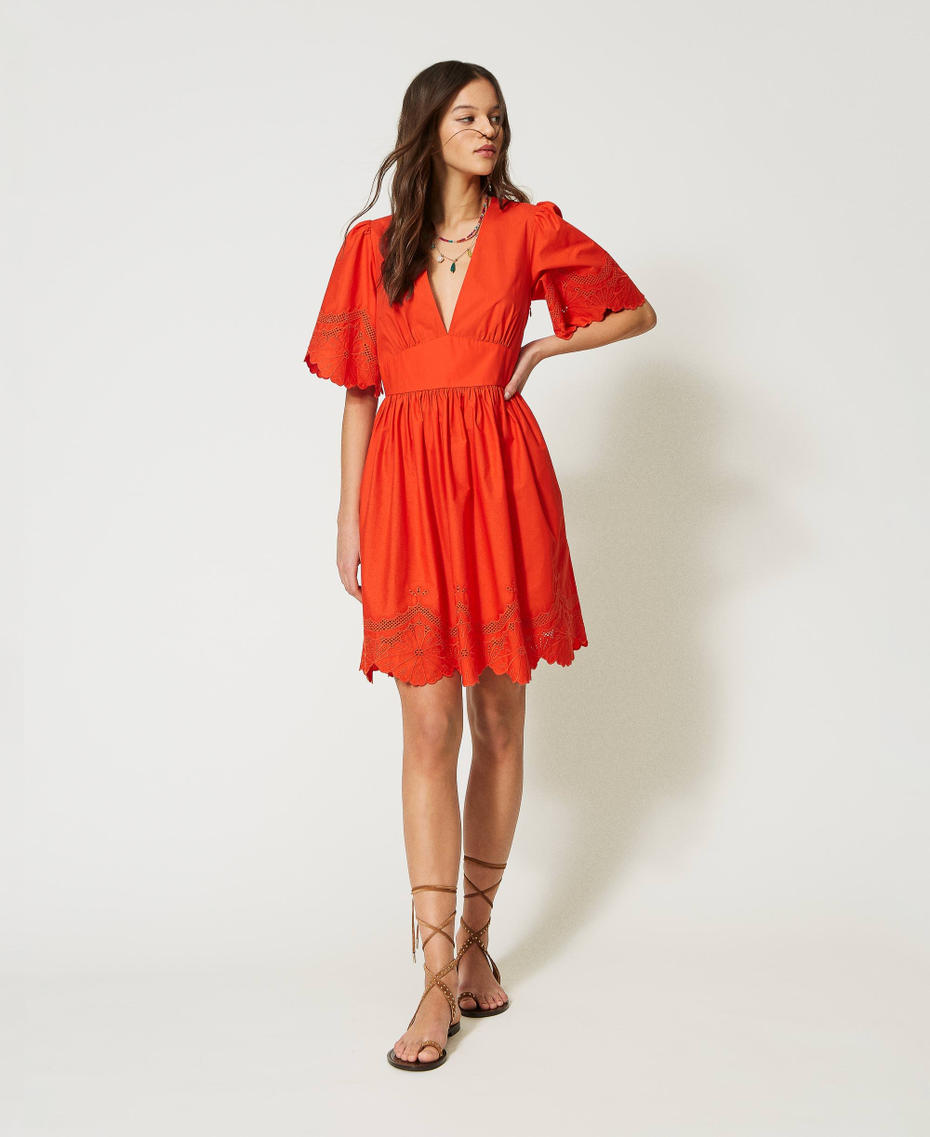 Kurzes Kleid aus Popeline mit Lochstickereien „Orange Sun“-Orange Frau 231TT2301-01