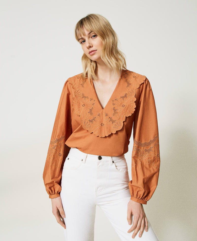 Poplin blouse with broderie anglaise and flounce "Hazelnut” Brown Woman 231TT2302-01