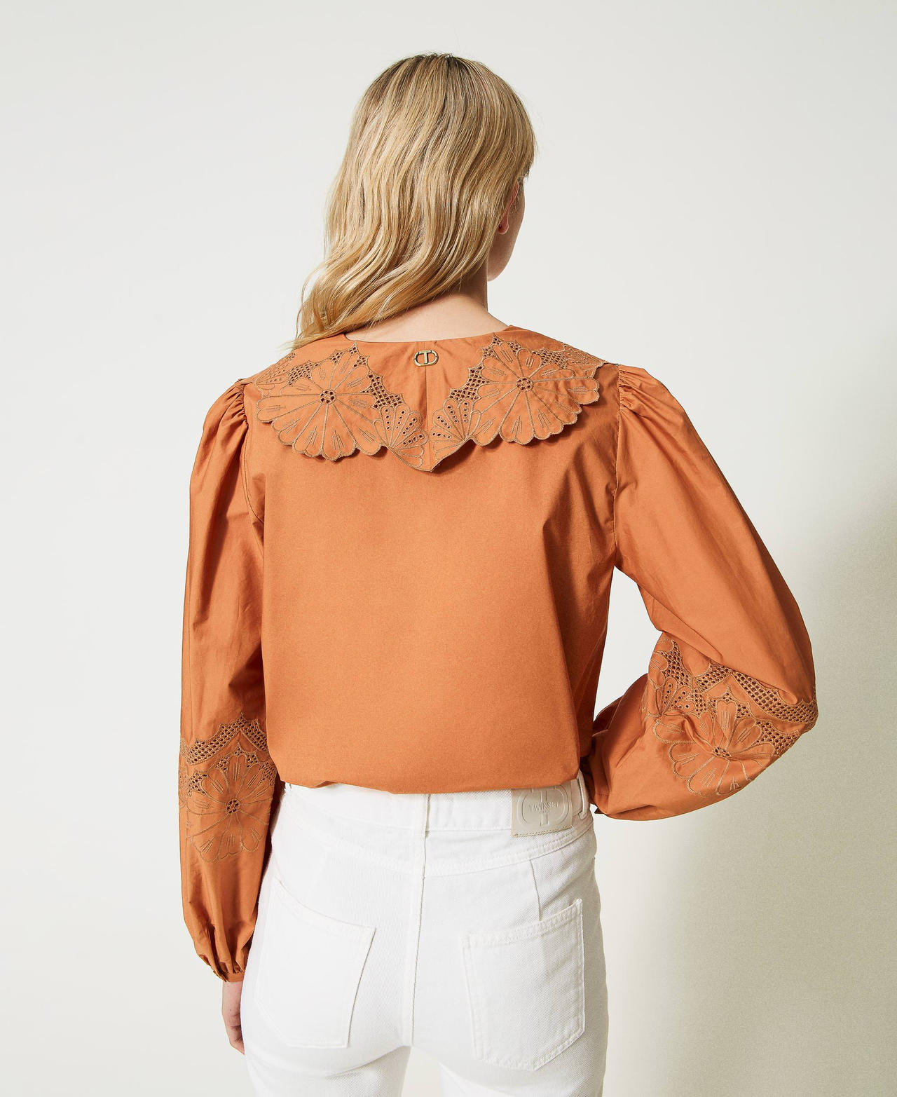 Poplin blouse with broderie anglaise and flounce "Hazelnut” Brown Woman 231TT2302-03