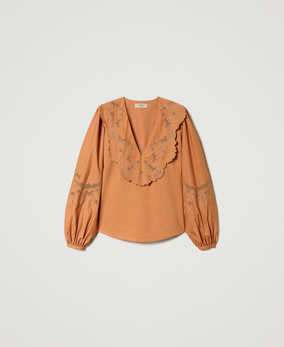 Poplin blouse with broderie anglaise and flounce "Hazelnut” Brown Woman 231TT2302-0S