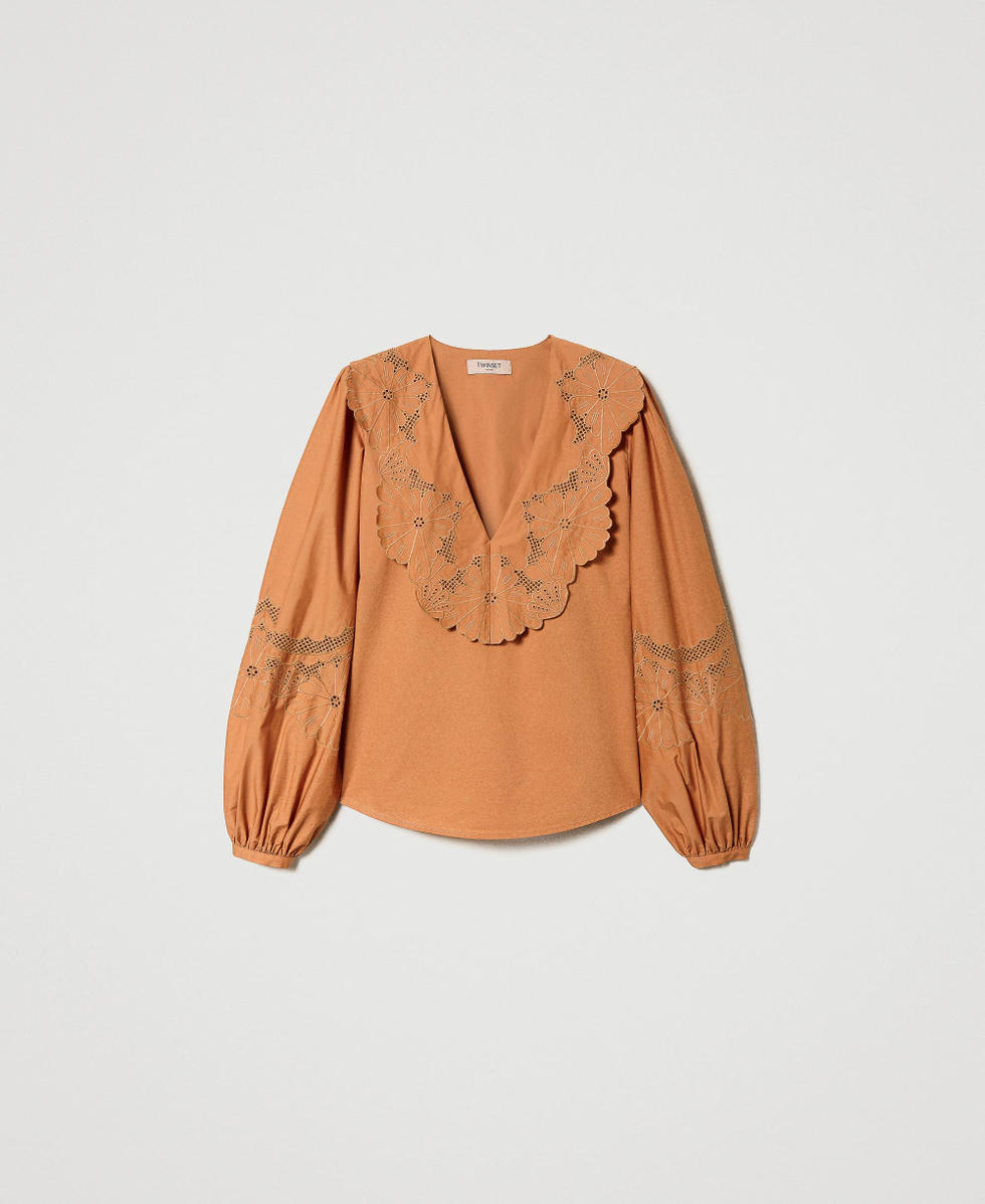Poplin blouse with broderie anglaise and flounce