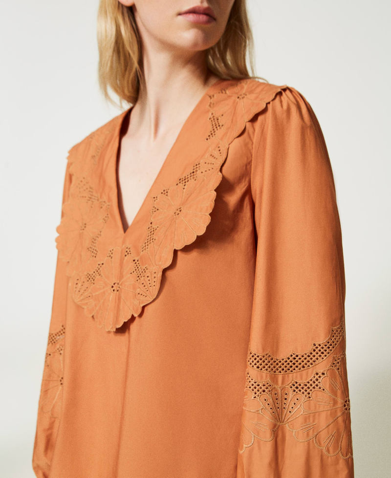 Poplin blouse with broderie anglaise and flounce "Hazelnut” Brown Woman 231TT2302-51