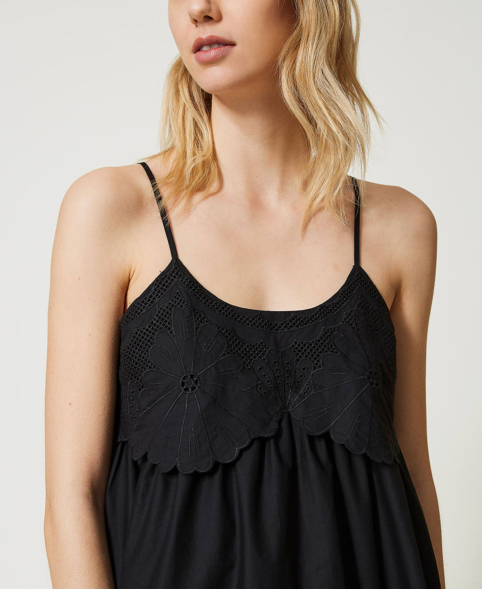 Poplin top with broderie anglaise Woman, Black | TWINSET Milano