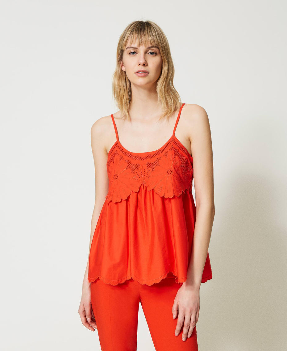 Poplin top with broderie anglaise "Orange Sun” Orange Woman 231TT2304-01