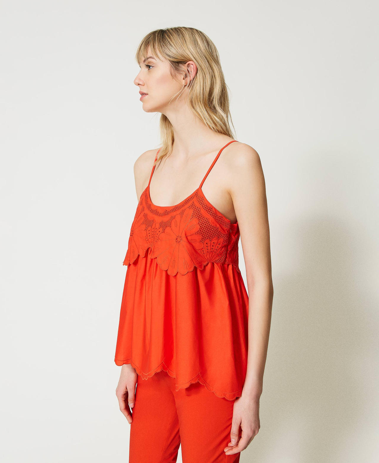 Poplin top with broderie anglaise "Orange Sun” Orange Woman 231TT2304-02