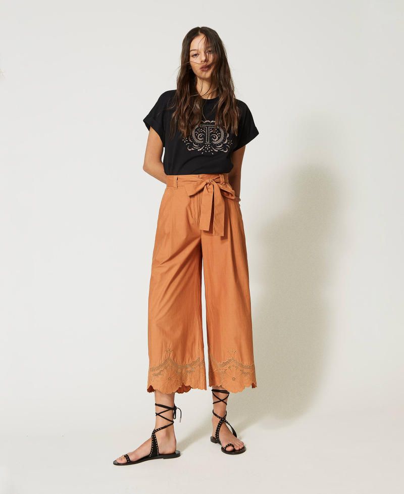 Poplin trousers with broderie anglaise "Hazelnut” Brown Woman 231TT2305-01