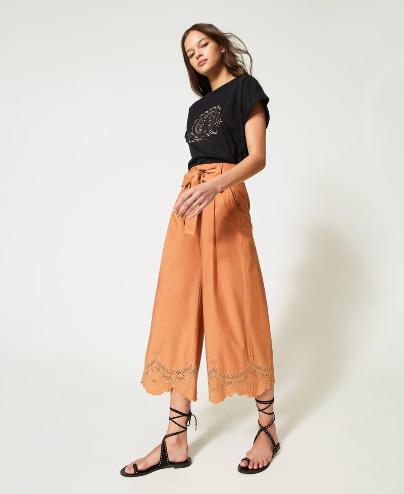 Poplin trousers with broderie anglaise "Hazelnut” Brown Woman 231TT2305-03