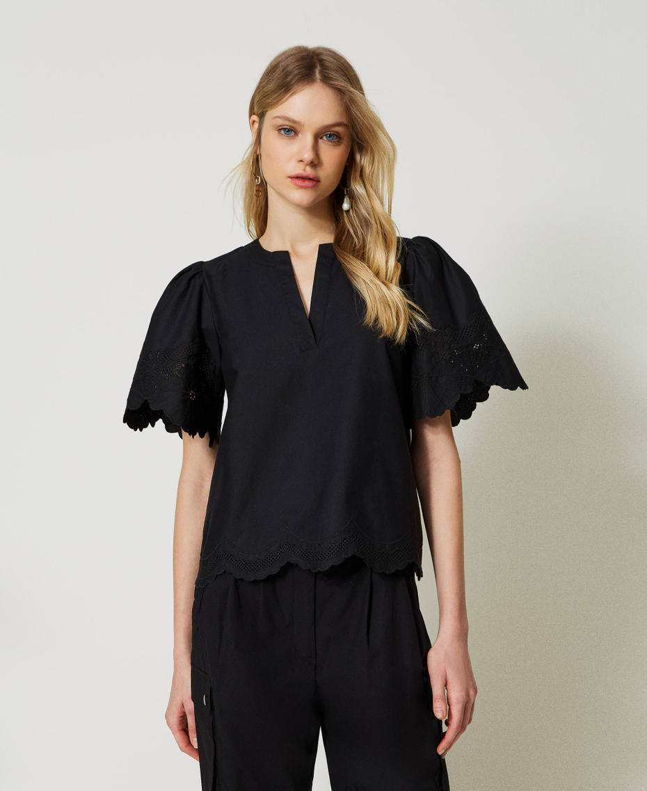 Poplin blouse with broderie anglaise Black Woman 231TT2306-01