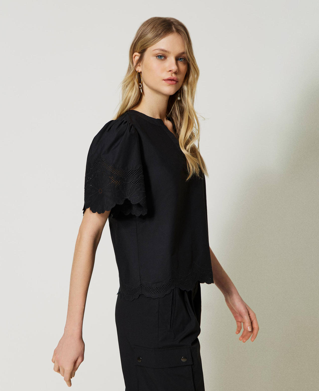 Poplin blouse with broderie anglaise Black Woman 231TT2306-02
