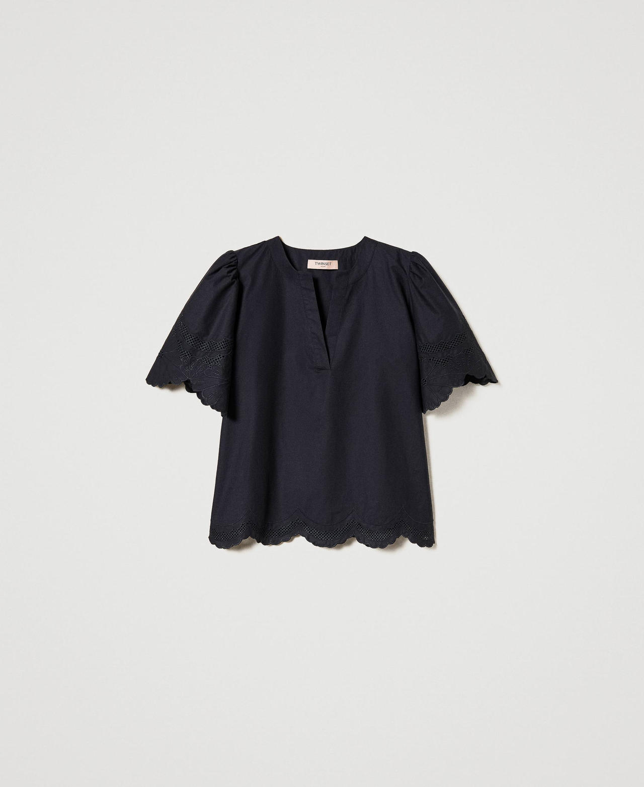 Poplin blouse with broderie anglaise Black Woman 231TT2306-0S