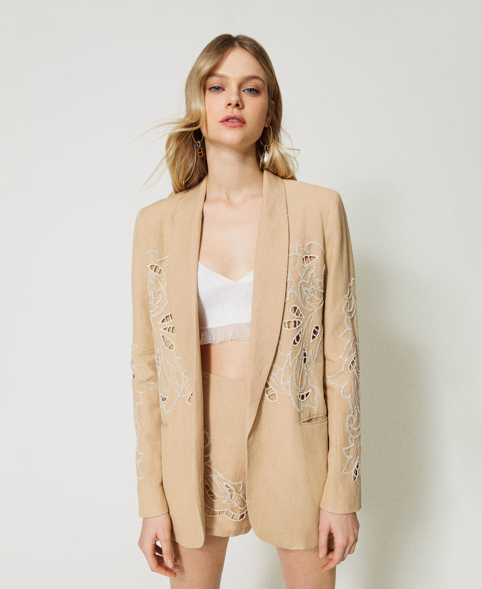 blazer lino y con bordado Mujer, Beige | TWINSET Milano