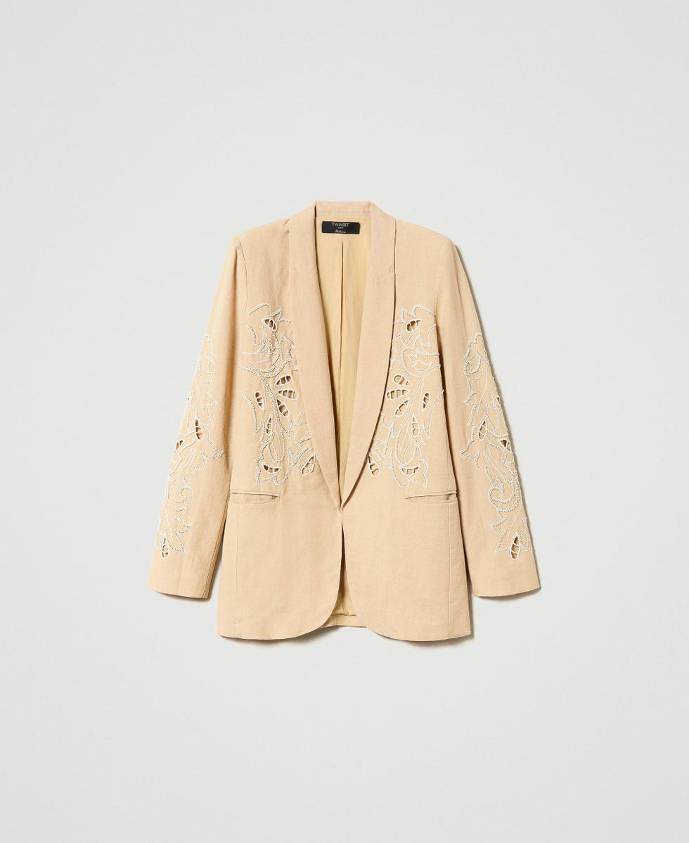 blazer lino y con bordado Mujer, Beige | TWINSET Milano