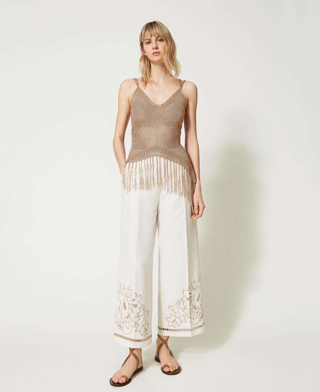 Linen and lurex cropped trousers with embroidery Antique White / “Pumice” Embroidery Woman 231TT2383-02