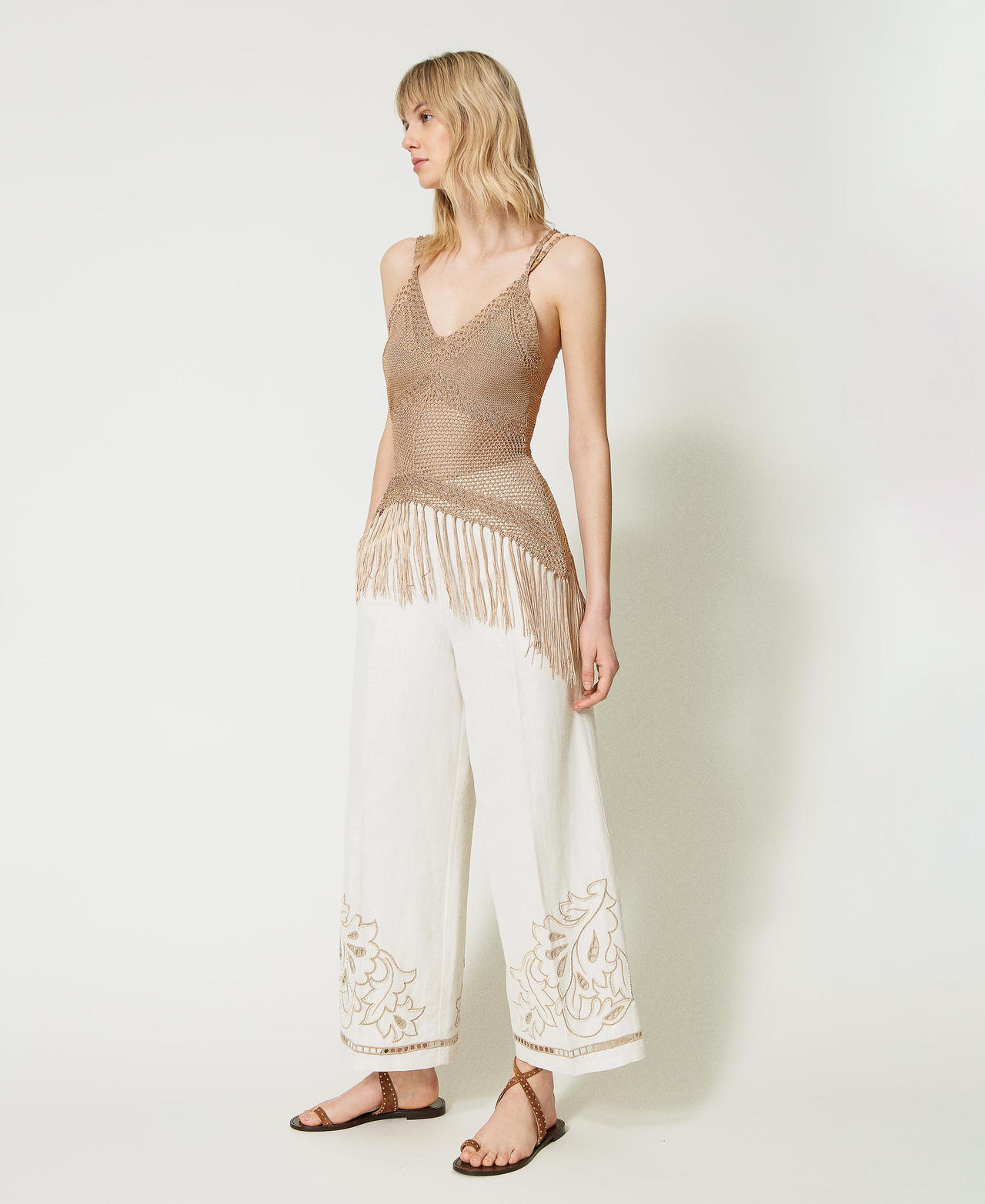 Linen and lurex cropped trousers with embroidery Antique White / “Pumice” Embroidery Woman 231TT2383-03