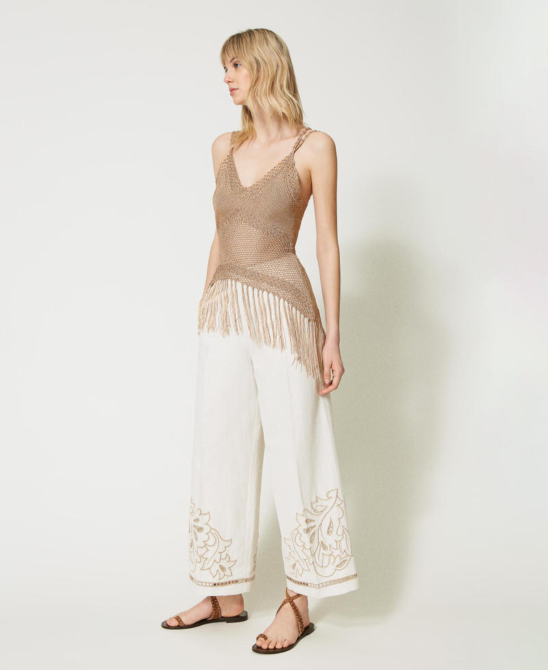 Pantaloni cropped in lino e lurex con ricamo Ricamo Bianco Antique White / "Pomice" Donna 231TT2383-03