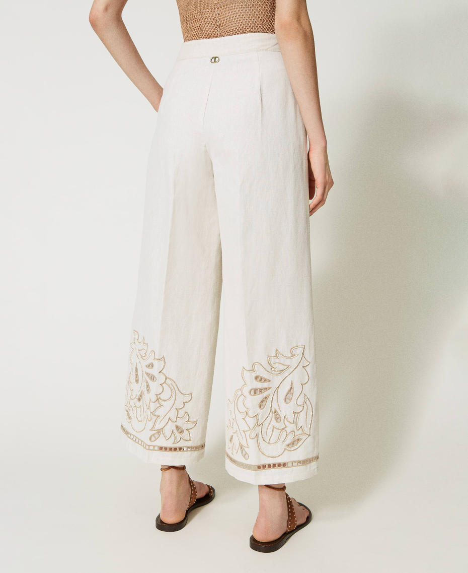 Linen and lurex cropped trousers with embroidery Antique White / “Pumice” Embroidery Woman 231TT2383-05