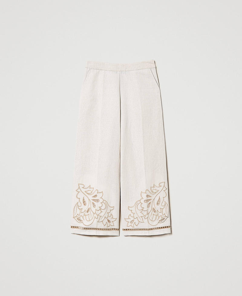 Pantalones cropped de lino y lúrex con bordado Bordado Blanco Antique White / «Pómez» Mujer 231TT2383-0S