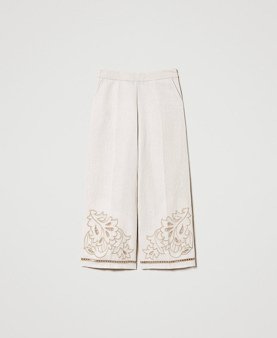 Pantaloni cropped in lino e lurex con ricamo Ricamo Bianco Antique White / "Pomice" Donna 231TT2383_10749_S0