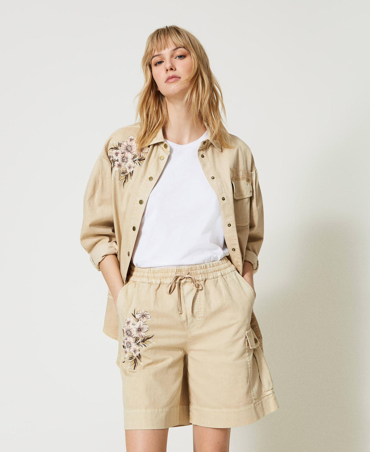 Bermudas cargo de gabardina mezcla de lino Mujer, Beige