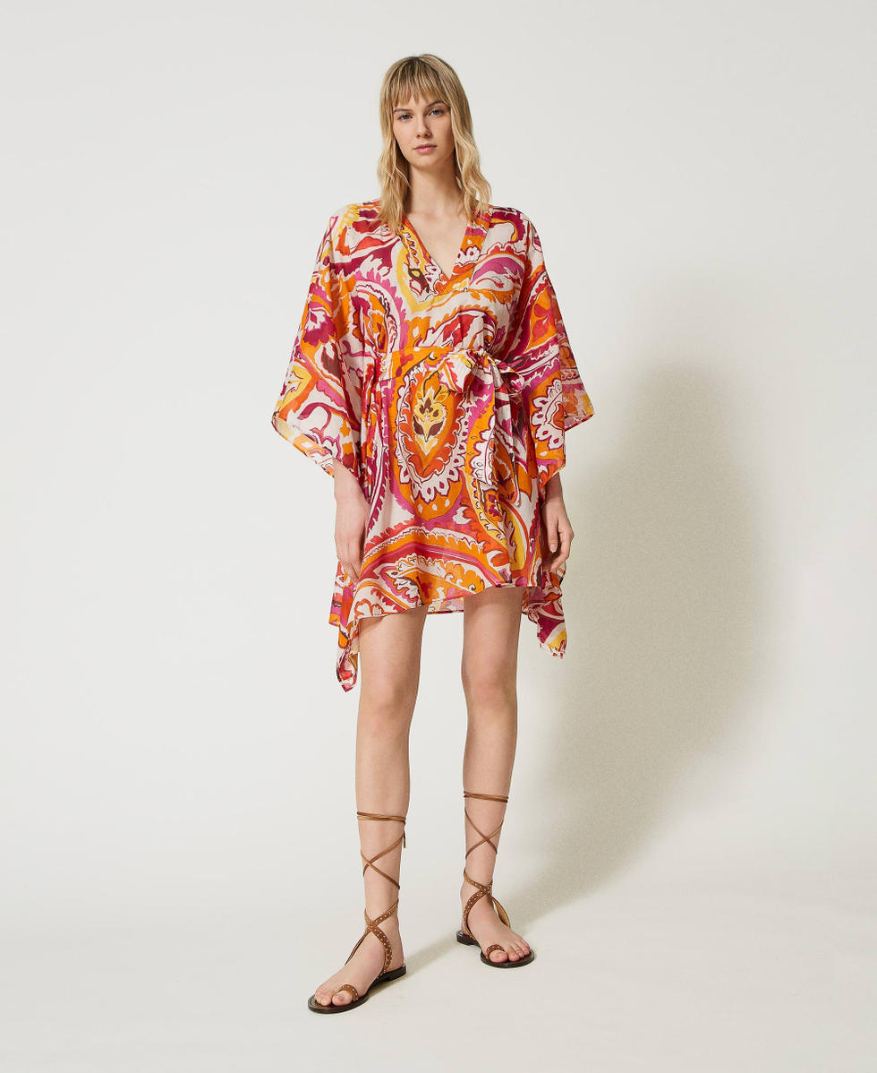 Robe caftan courte en mousseline imprim&eacute;e