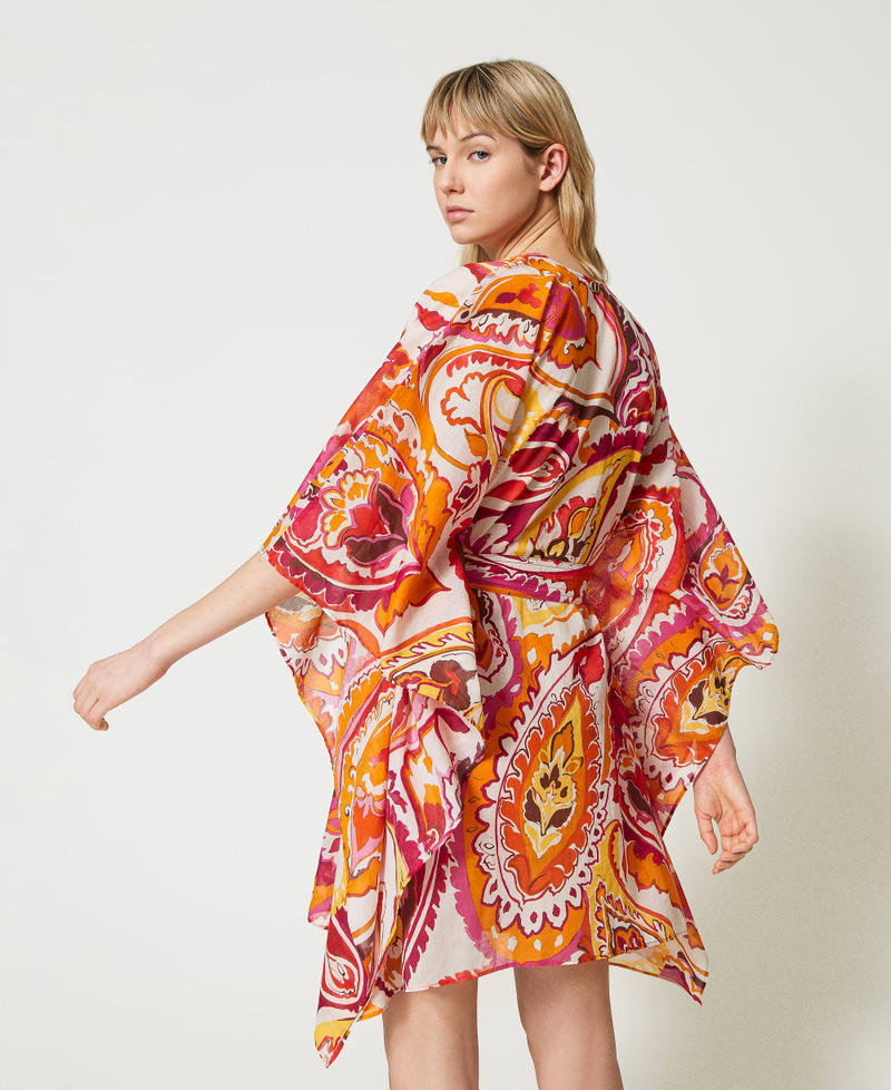 Robe caftan courte en mousseline imprimée Imprimé Motif Cachemire Jaune/Fuchsia « Cerise » Femme 231TT2437-04