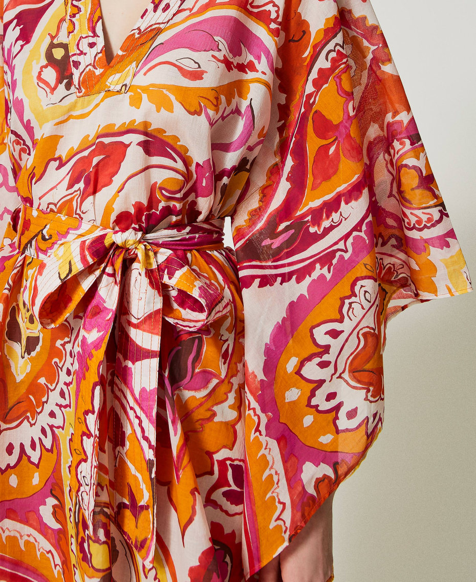 Robe caftan courte en mousseline imprimée Imprimé Motif Cachemire Jaune/Fuchsia « Cerise » Femme 231TT2437-05