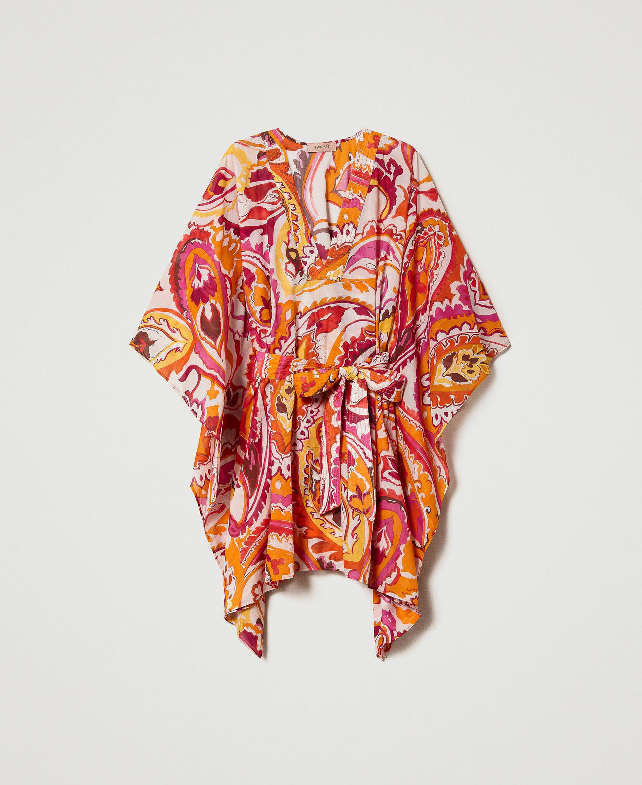 Vestido caft&aacute;n corto de muselina estampada