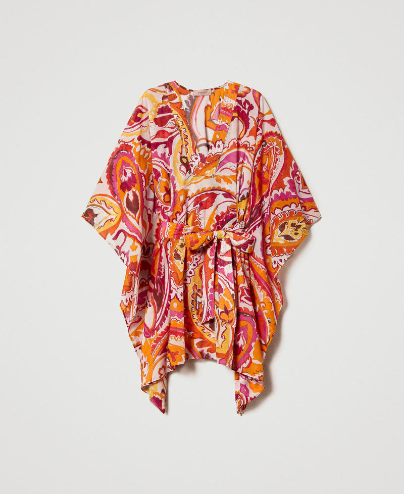 Robe caftan courte en mousseline imprimée Imprimé Motif Cachemire Jaune/Fuchsia « Cerise » Femme 231TT2437-0S